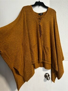 L&B Lace-Up Poncho Sweater in Mustard Gold